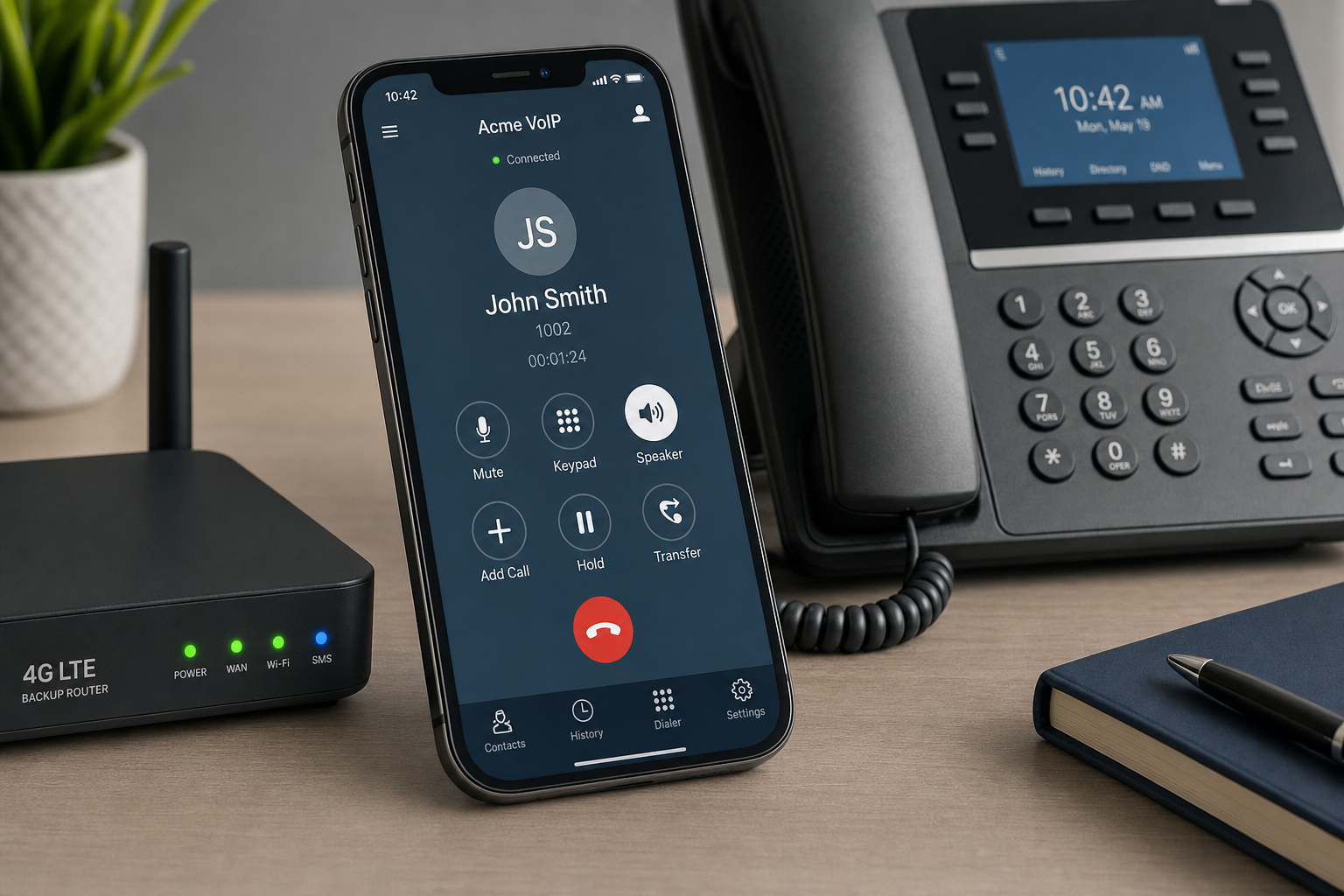 Business VoIP mobile softphone app on a smartphone next to a desk phone and LTE backup router for storm failover