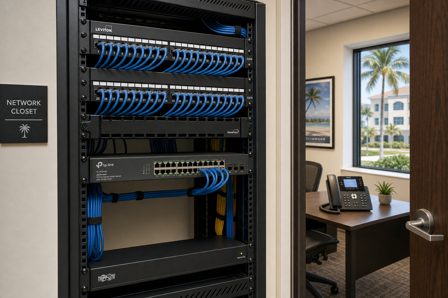 Structured cabling and managed network switch in a Florida business office supporting a hosted VoIP phone system