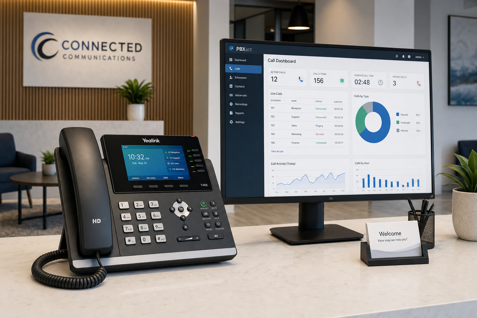 VoIP desk phone and call management dashboard at a Florida healthcare office reception desk