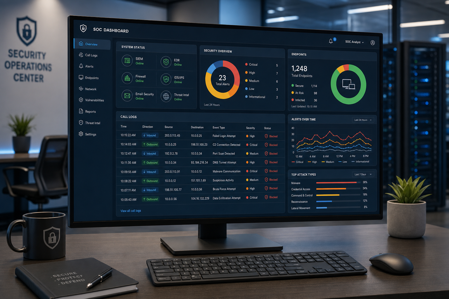 IT monitoring dashboard showing VoIP system status and call logs for a multi-location Florida business
