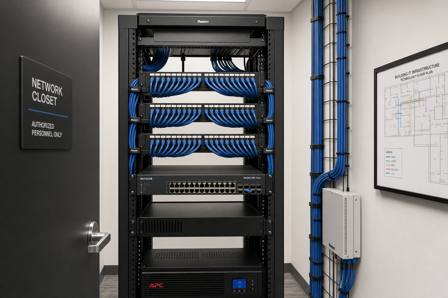 Structured cabling and managed switch in a Florida business network closet supporting a multi-location VoIP phone system