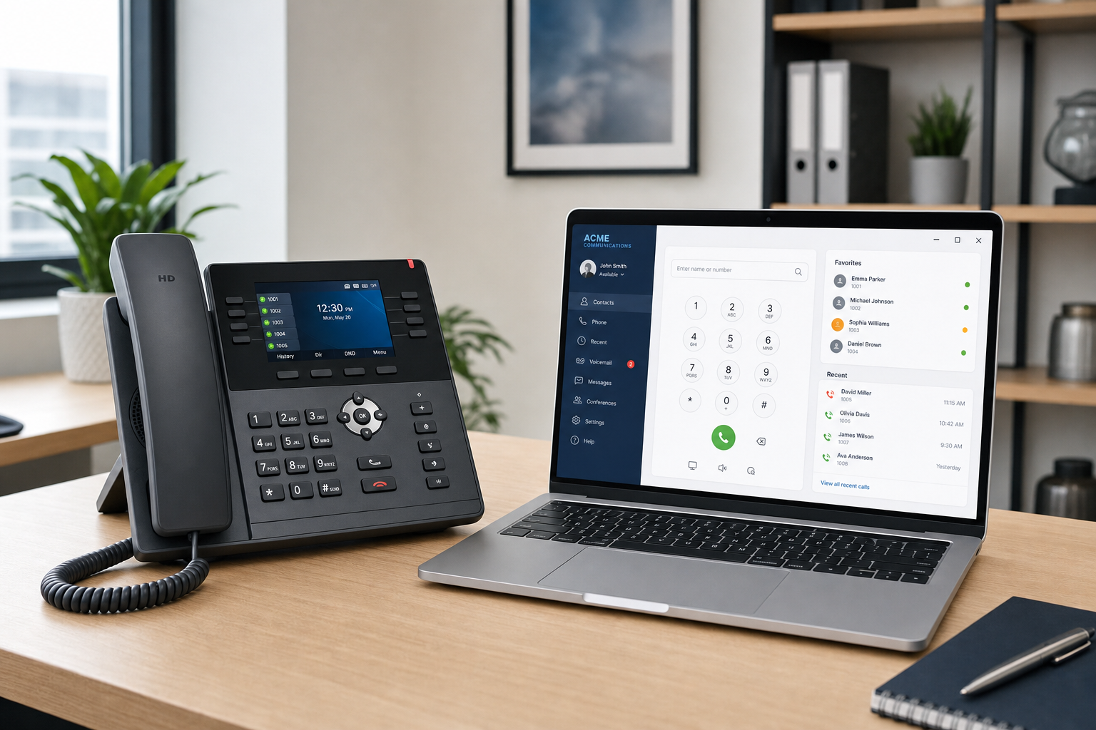 VoIP desk phone and softphone application on a laptop in a Florida business office