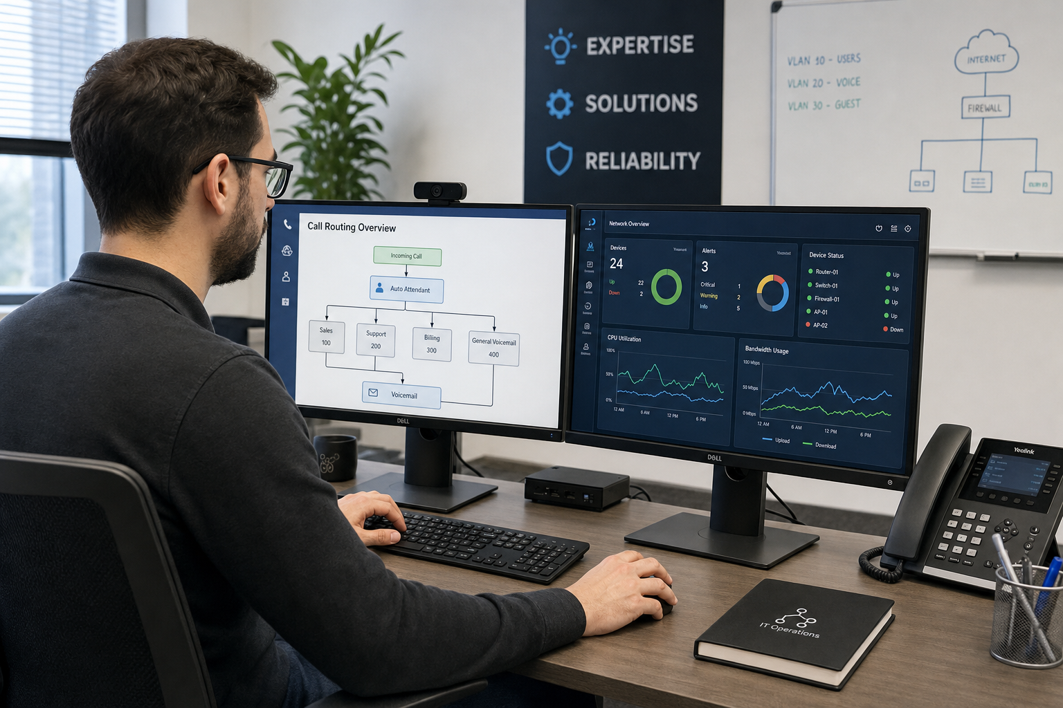 IT technician reviewing VoIP call routing configuration and network monitoring dashboard for a Florida multi-location business