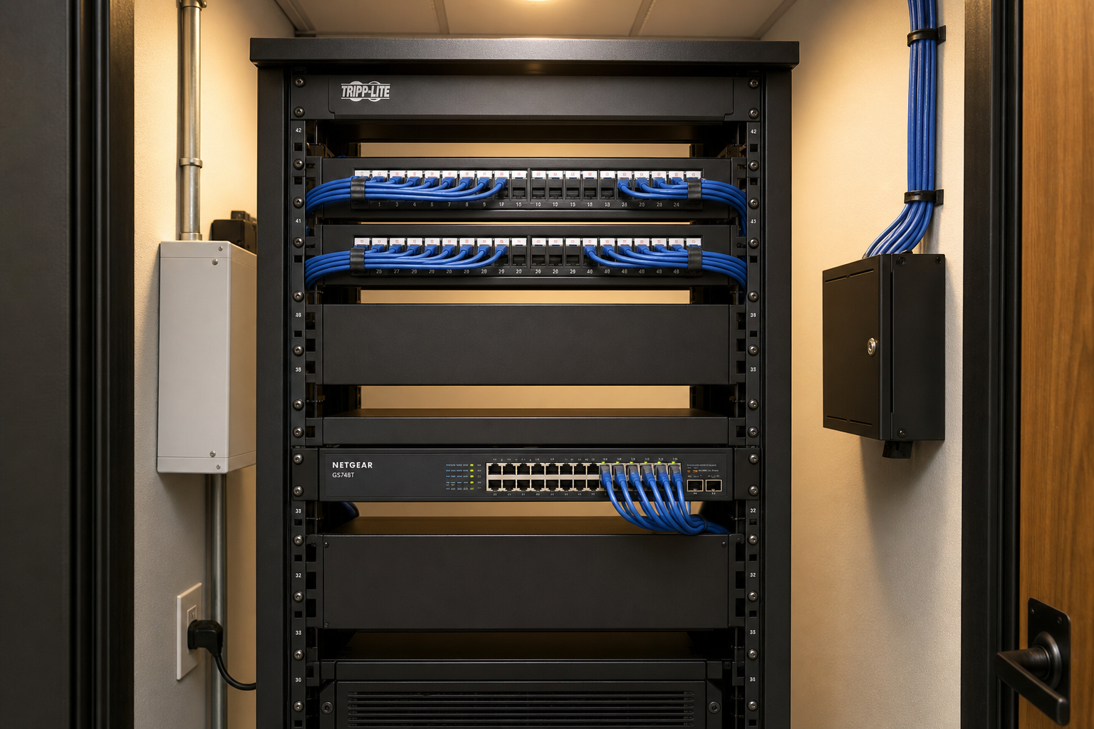 Structured cabling and managed switch in a Florida business network closet supporting a VoIP phone system