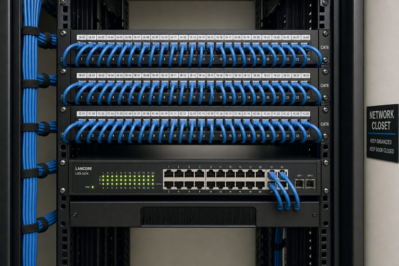 Organized network closet with structured cabling and patch panel for a Florida business VoIP system