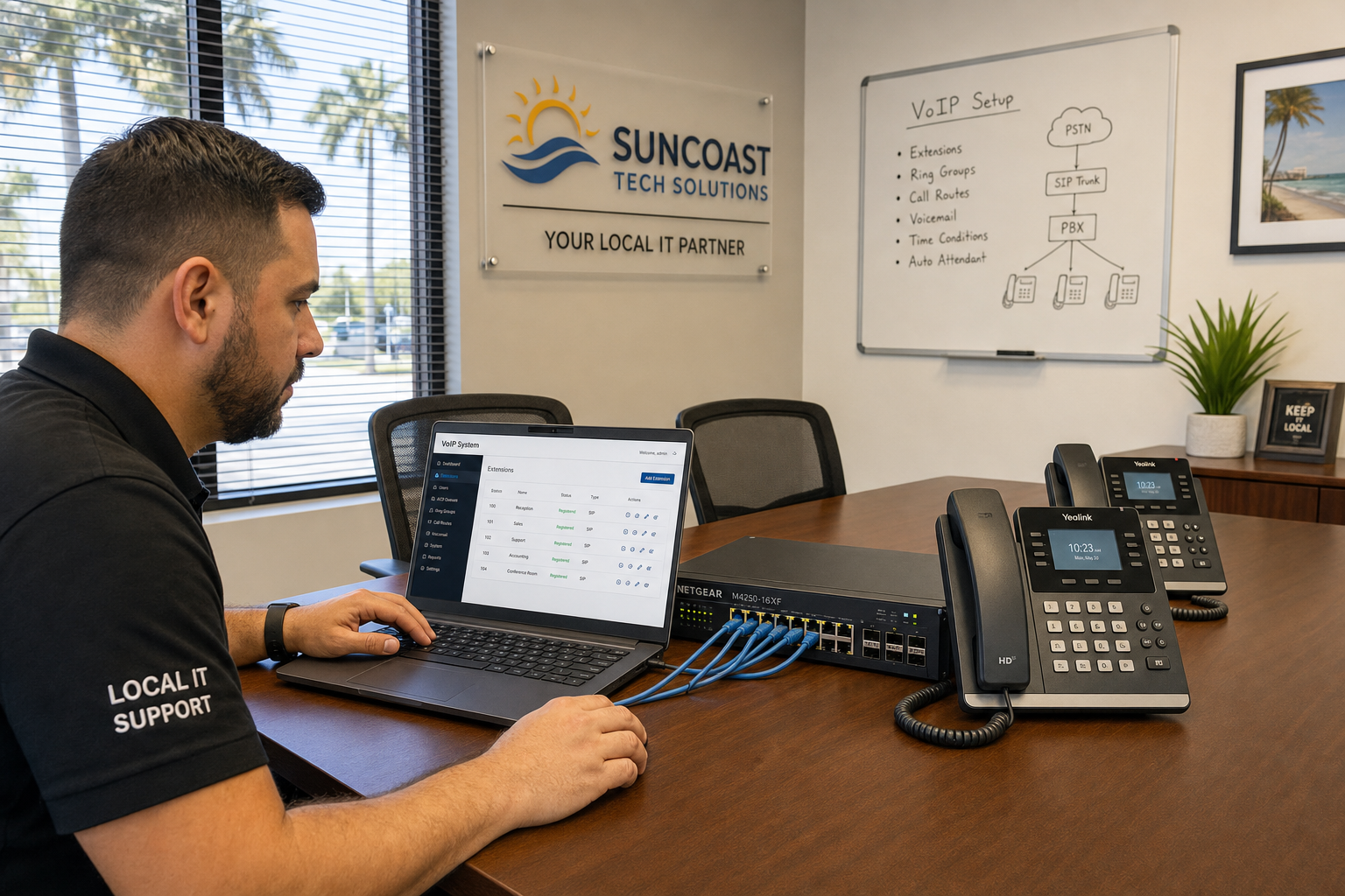 Local VoIP technician setting up a business phone system in a Florida office