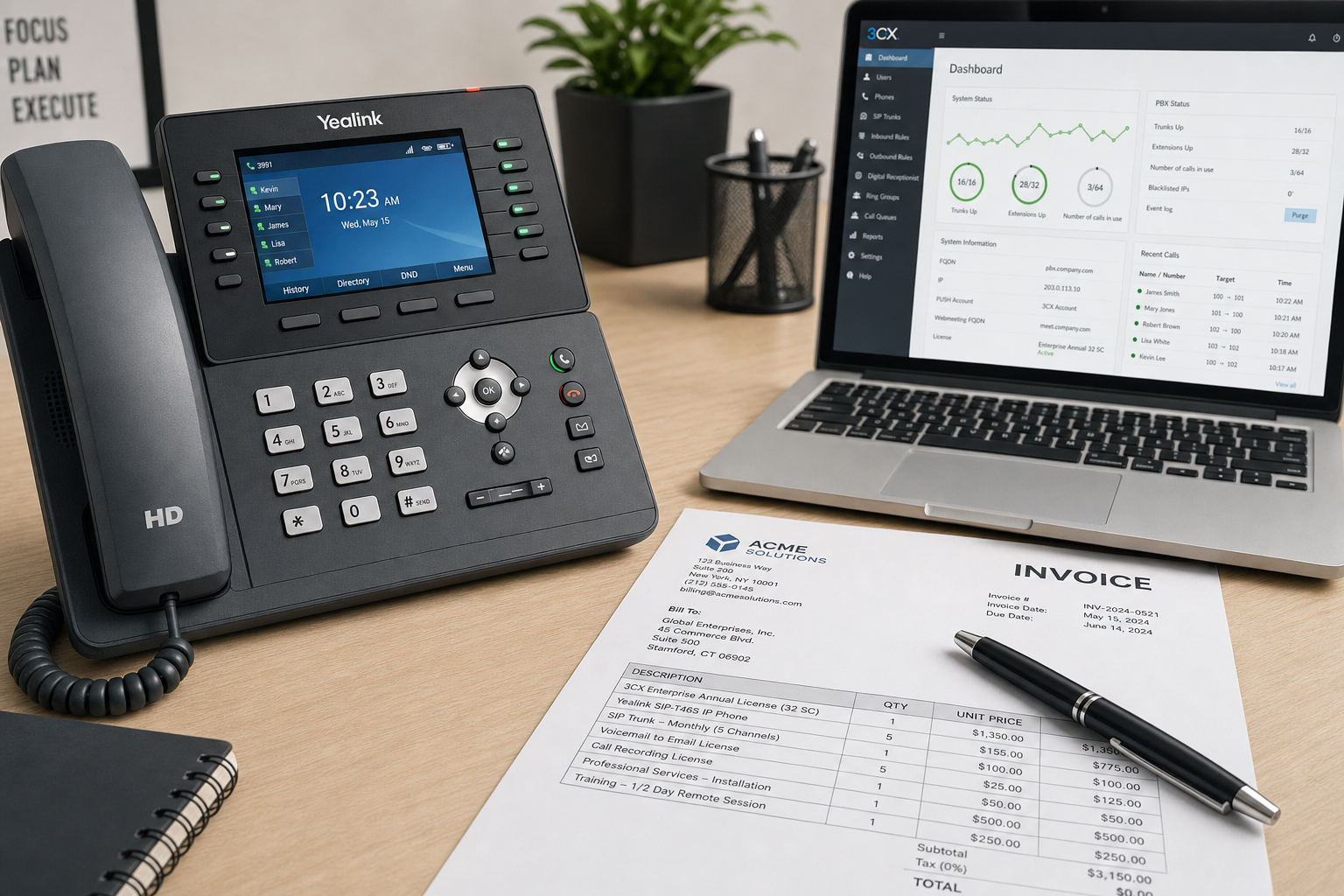 VoIP desk phone next to a business phone invoice with multiple line items on an office desk