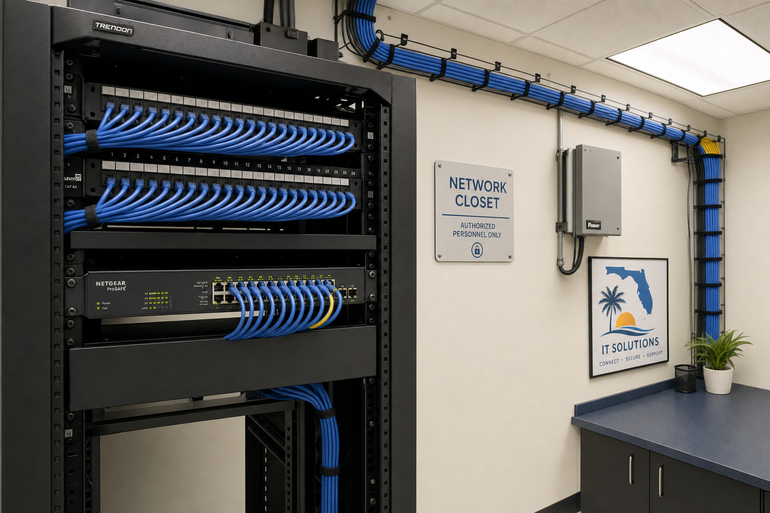 Managed network switch and structured cabling in a Florida business office IT closet