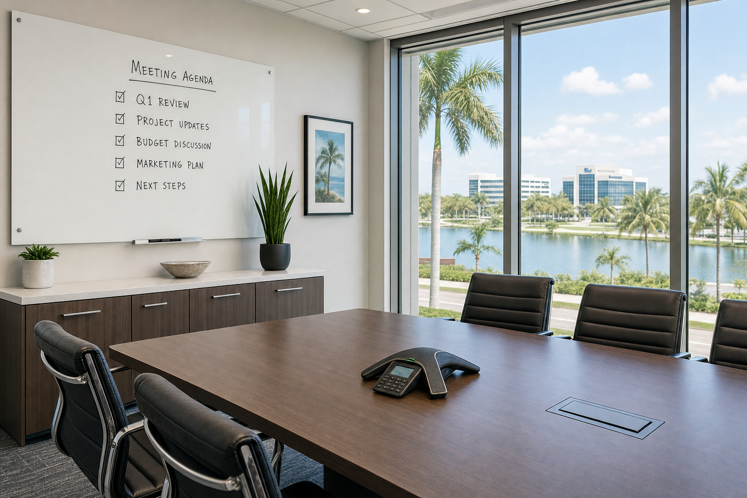 Conference room with a business phone unit and checklist on a whiteboard in a Florida office
