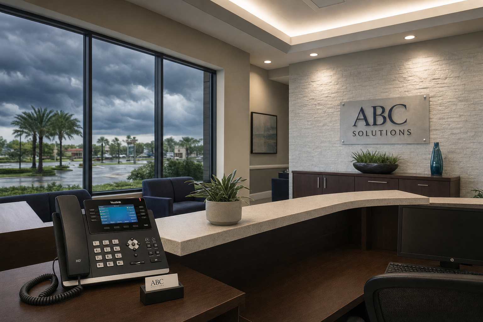 VoIP desk phone at a Florida business reception desk with storm clouds visible through office windows