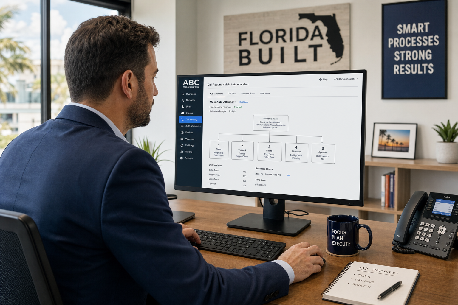 Business operations manager reviewing VoIP failover call routing configuration on a desktop computer