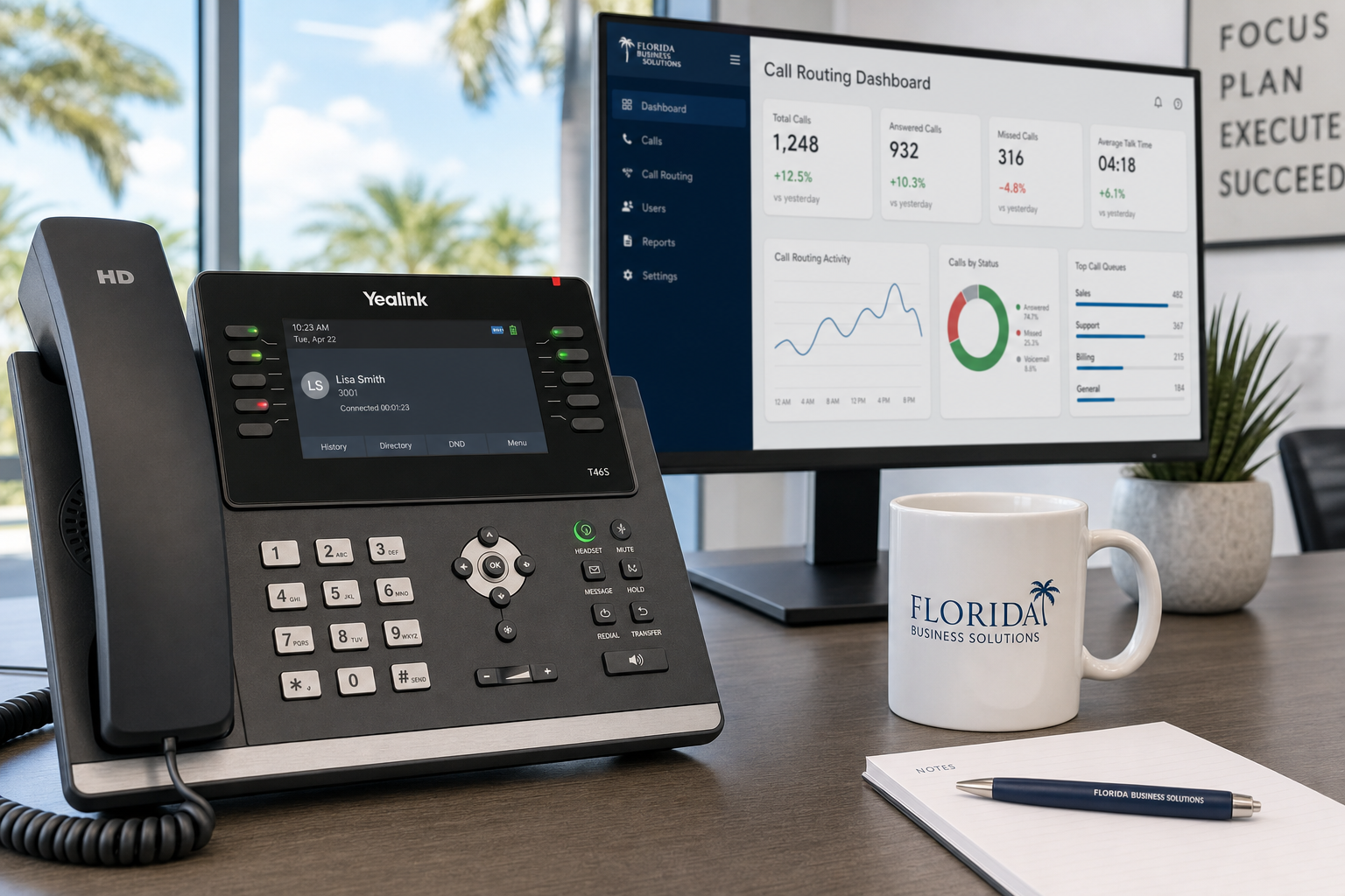 VoIP desk phone on a Florida business office desk with a call routing dashboard visible on a monitor