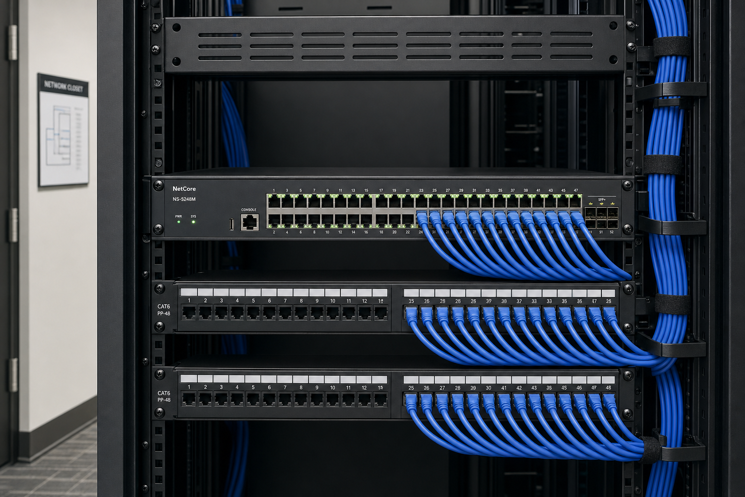 Managed switch and patch panel in a clean network closet supporting a multi-location VoIP phone system