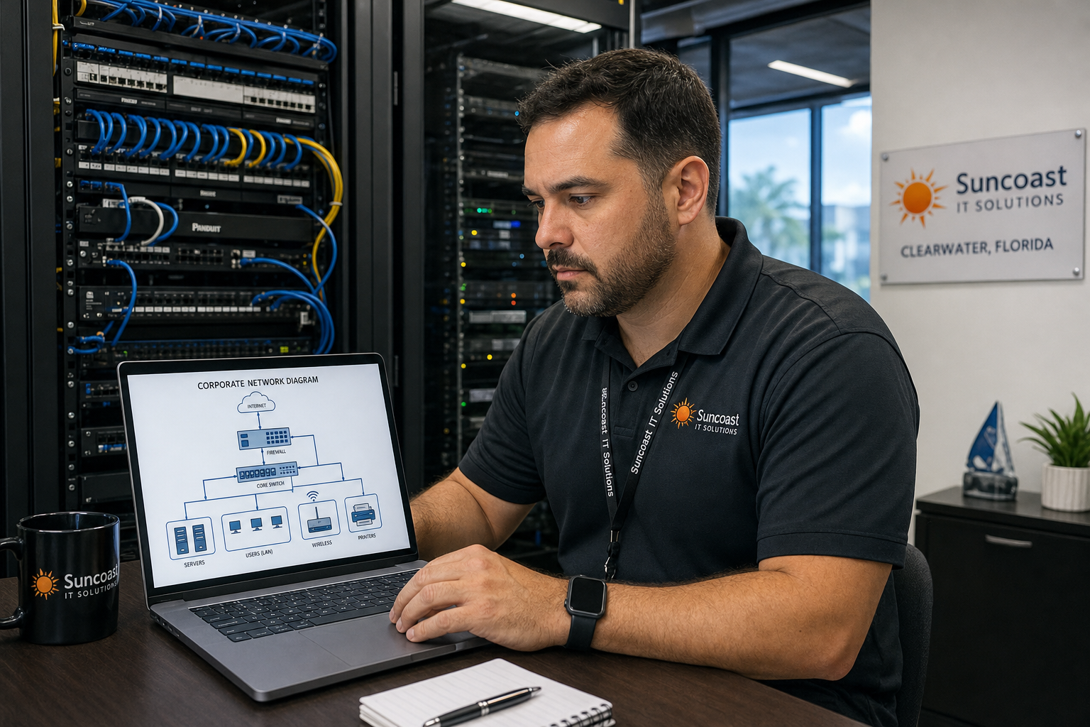 IT technician reviewing VoIP network configuration and failover routing plan in a Florida office server room