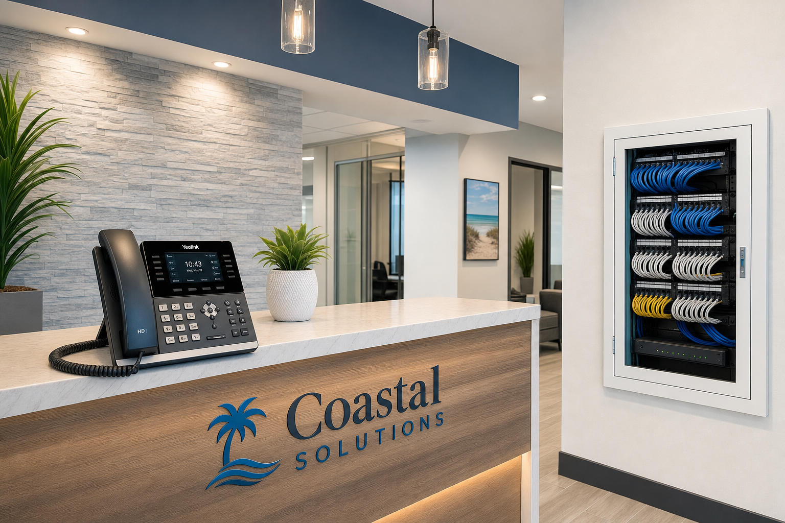 VoIP desk phone at a Florida healthcare office reception desk