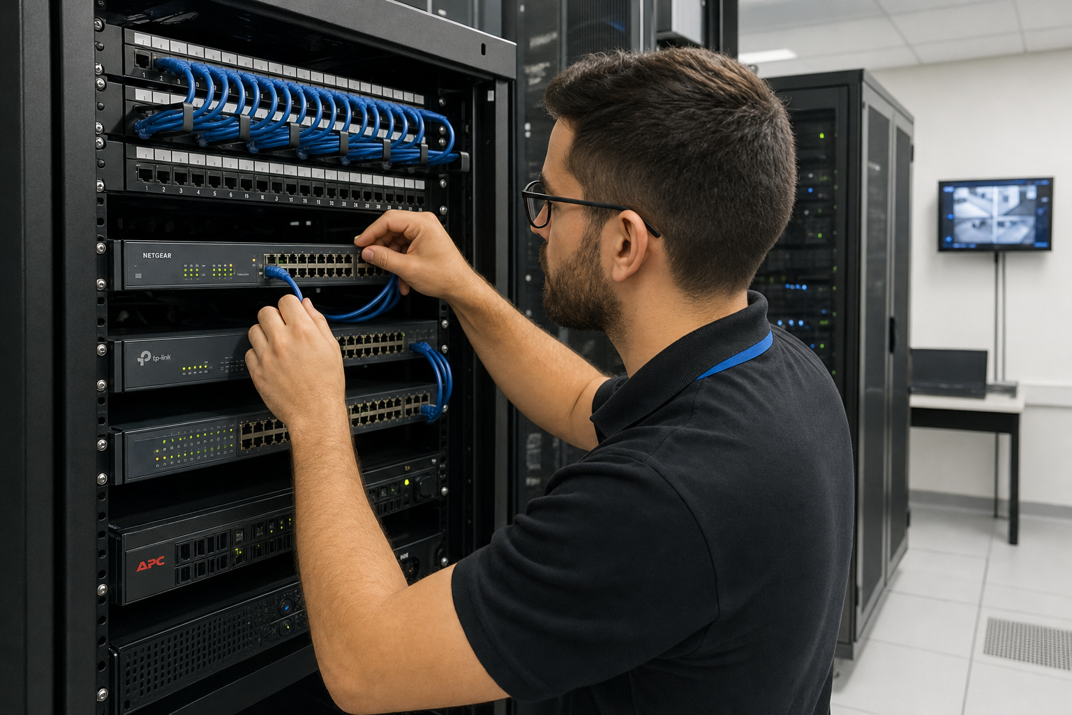 IT technician configuring a VoIP network rack for a Florida business office