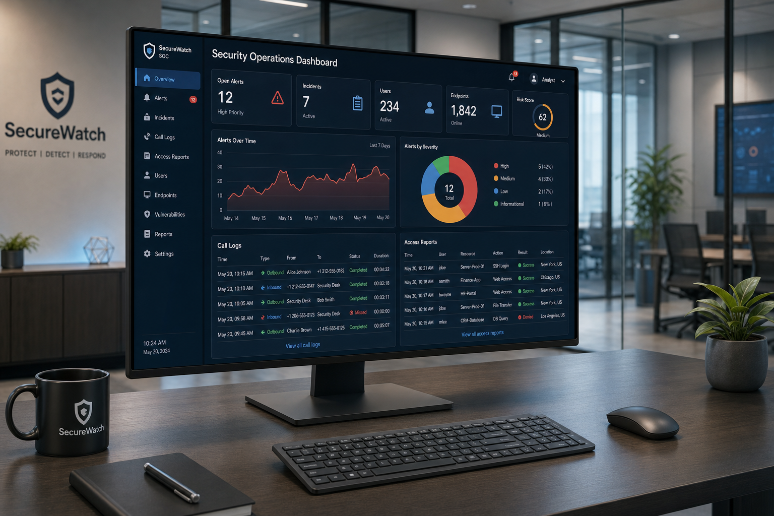 VoIP admin dashboard showing call logs and user access controls for a Florida business