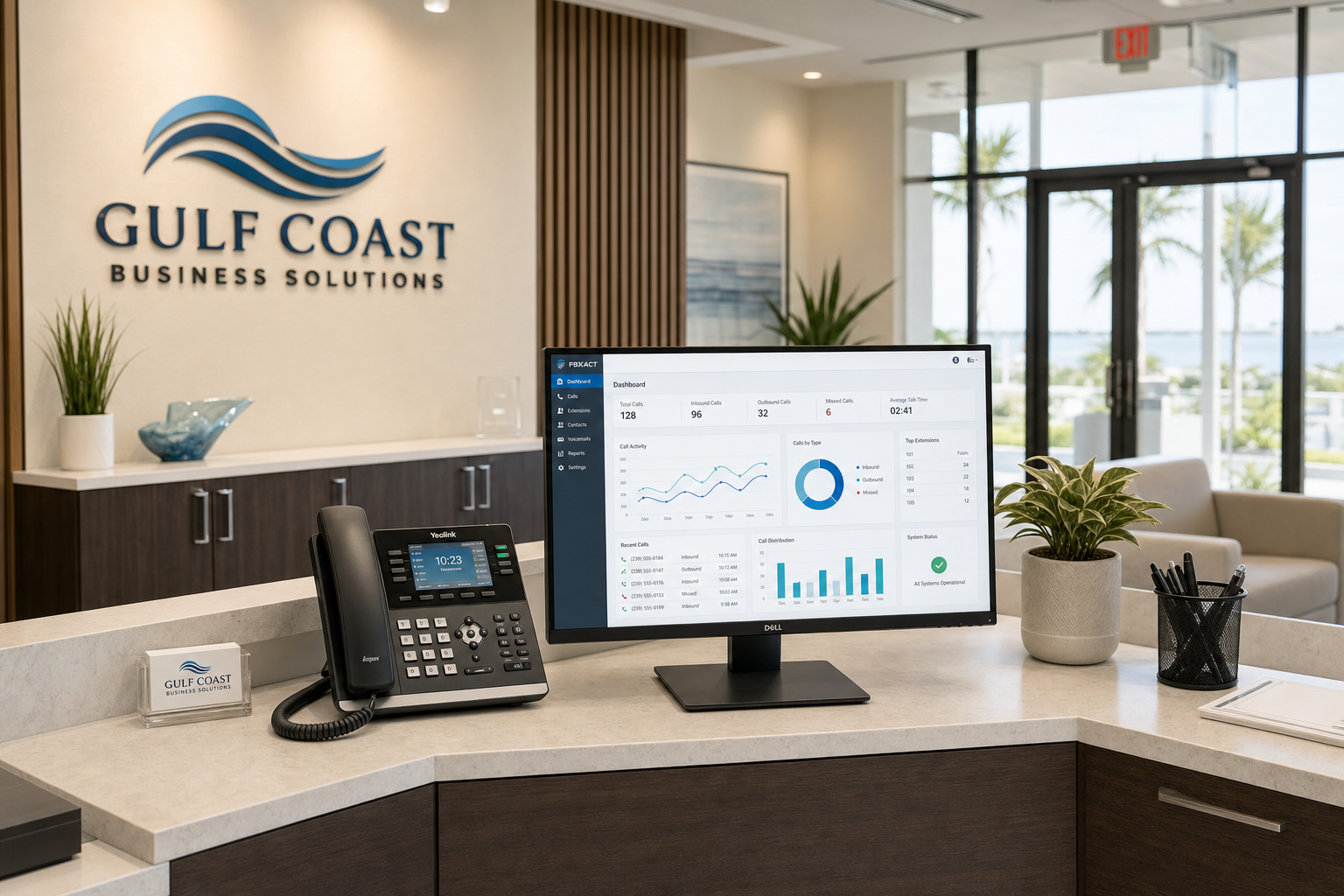 VoIP desk phone on a Florida business reception desk with a call management dashboard on screen