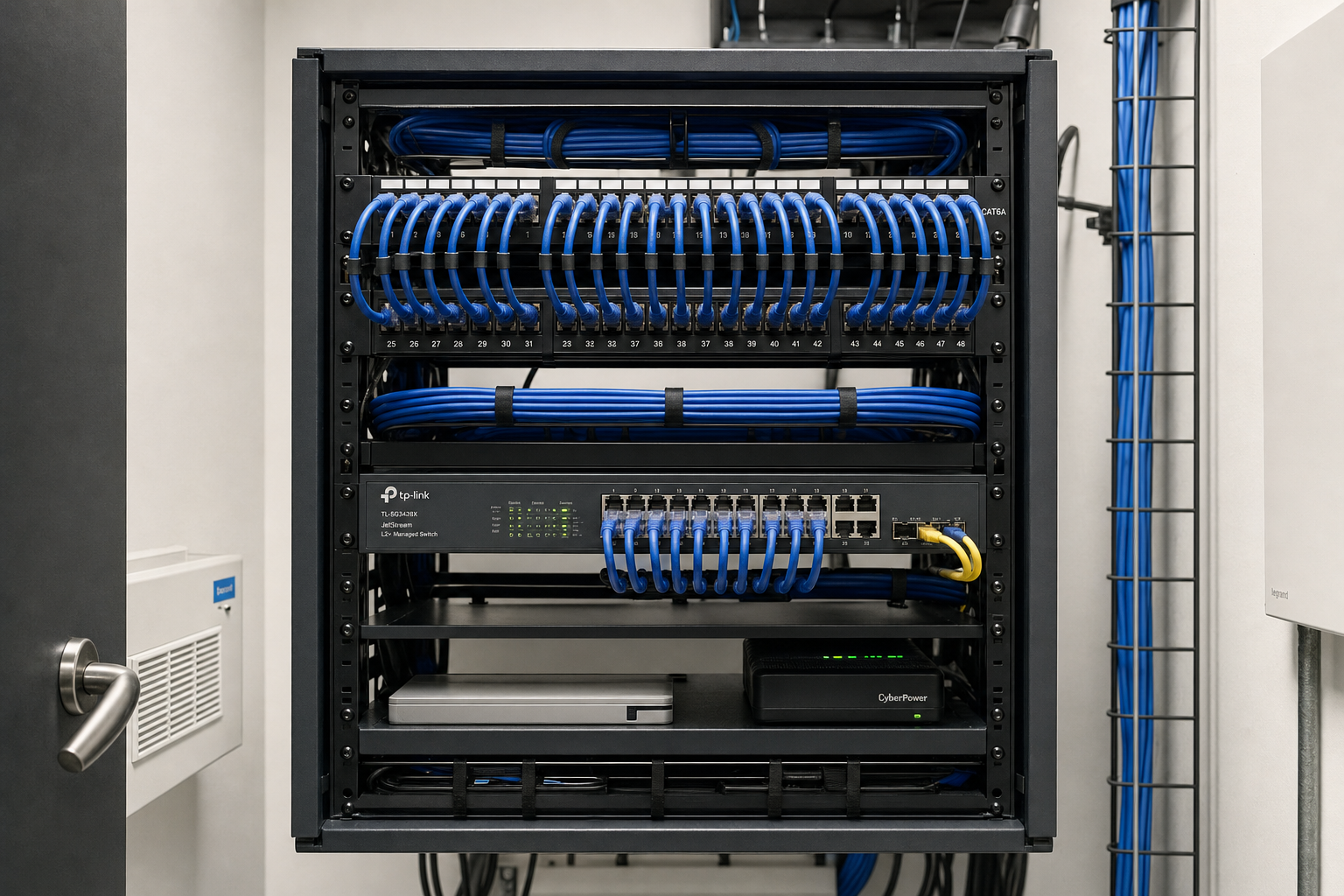 Organized network closet with managed switch and structured cabling for a Florida business VoIP installation