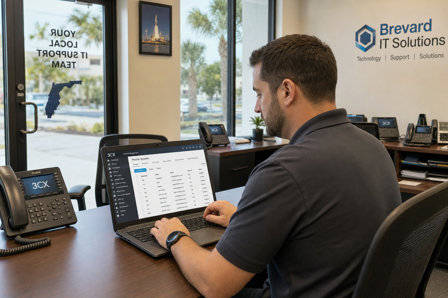 Local Florida VoIP technician configuring a business phone system on-site
