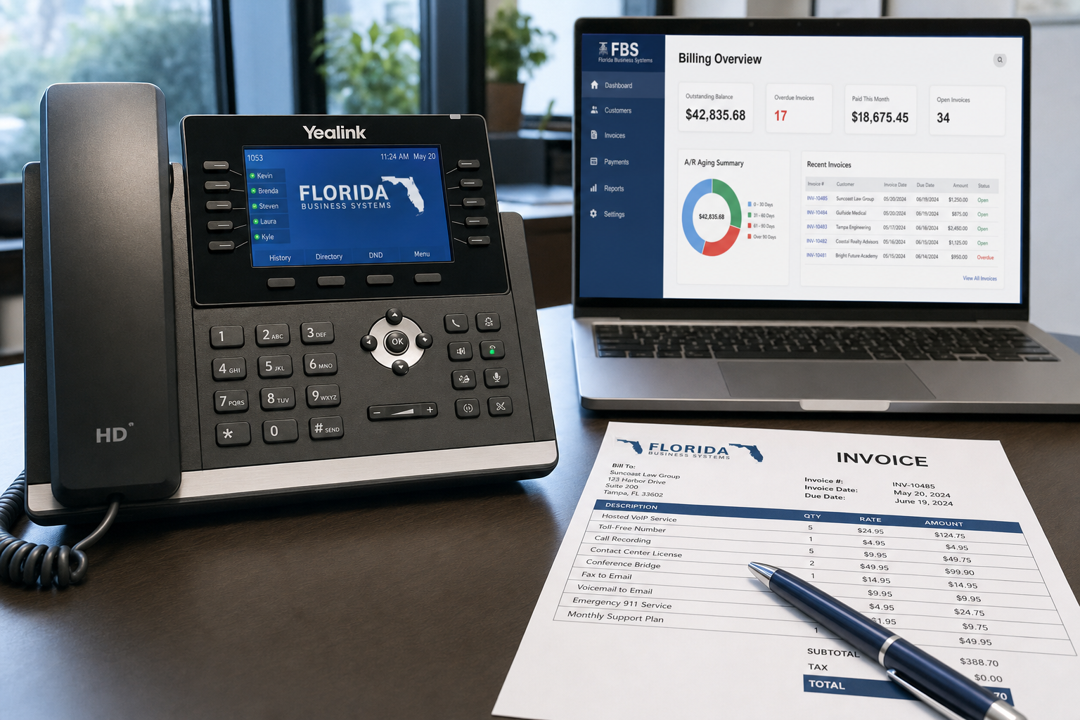 VoIP desk phone next to a business phone invoice with multiple line items on an office desk