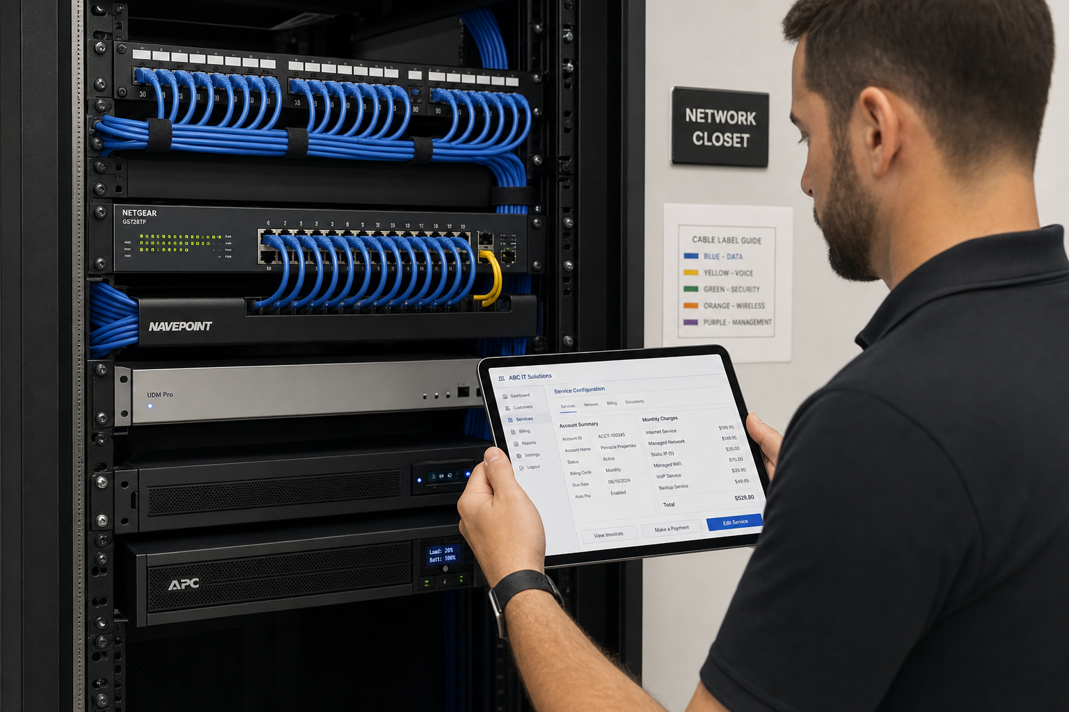 IT technician reviewing a VoIP system configuration in a structured cabling network closet