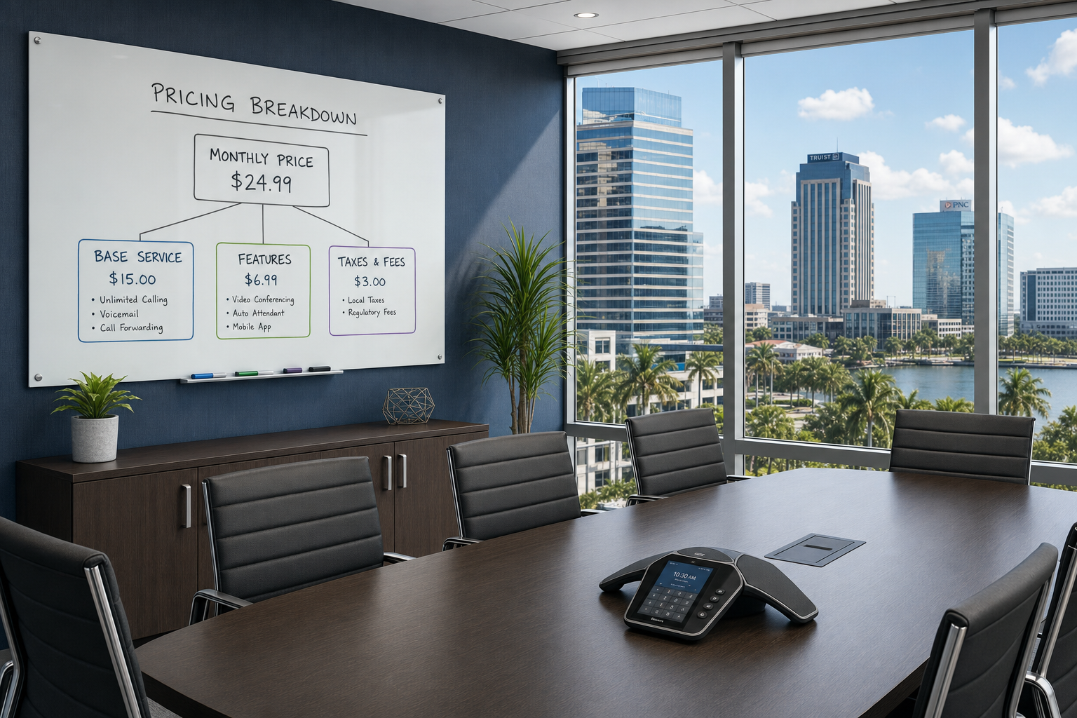 Conference room with a VoIP conference phone and a pricing breakdown diagram on a whiteboard