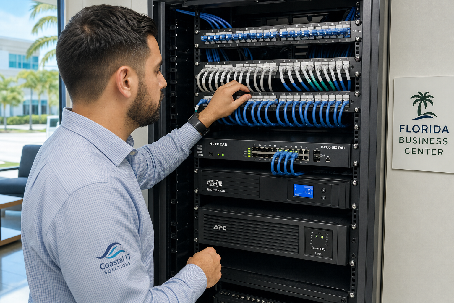 IT technician reviewing structured cabling and network hardware in a Florida office network closet